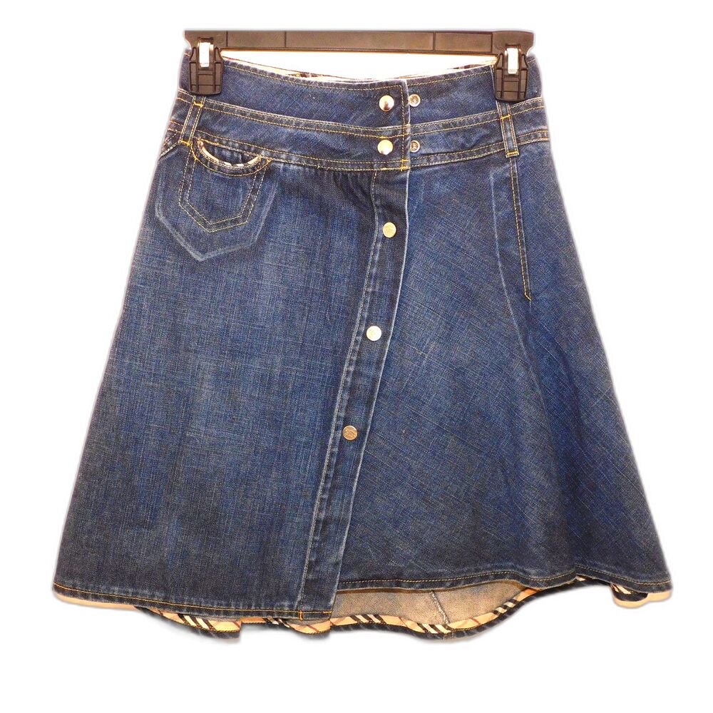 Authentic Burberry Childrenswear Denim Asymmetric Pleated Wrap Skirt Size 8